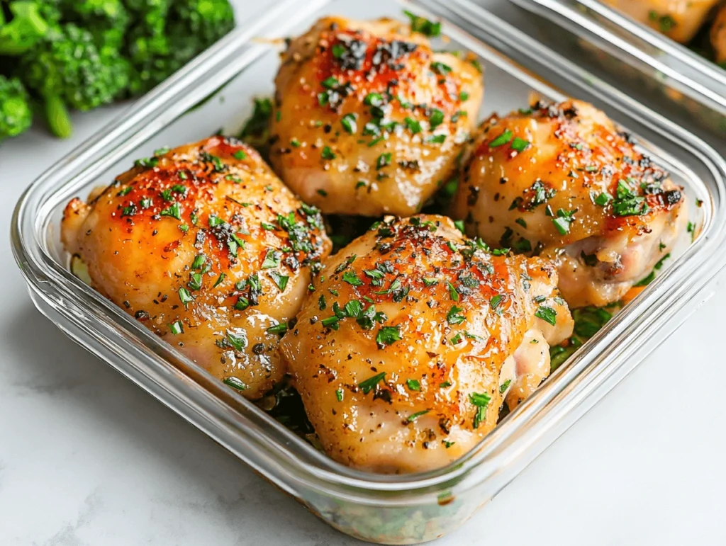 Perfectly cooked chicken thighs in meal prep containers with vegetables, ready for a busy week