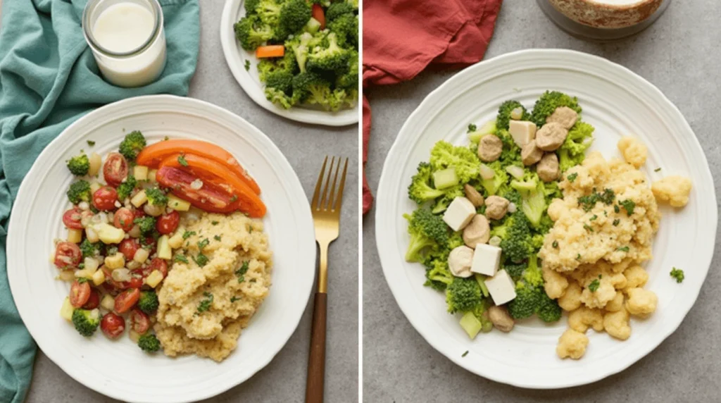 A variety of easy healthy meal prep containers filled with grilled chicken, quinoa, roasted vegetables, and fresh greens.