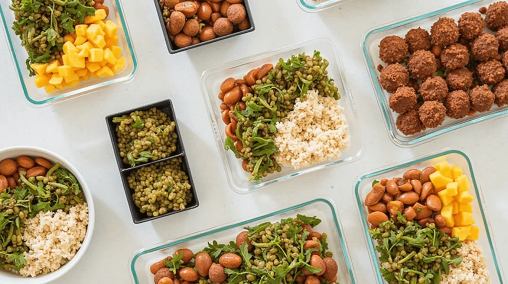 Meal prep containers filled with healthy meals for the week ahead, ready for Meal Prep Sunday.
