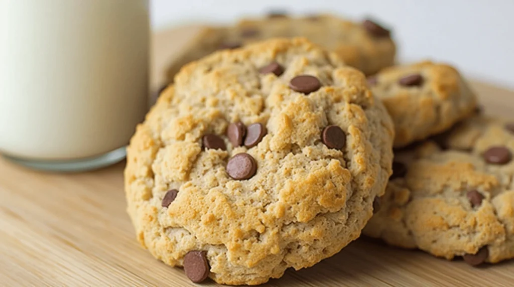 A plate of protein breakfast biscuits made with oats, nut butter, and honey, topped with chia seeds and dark chocolate chips, served on a rustic wooden table